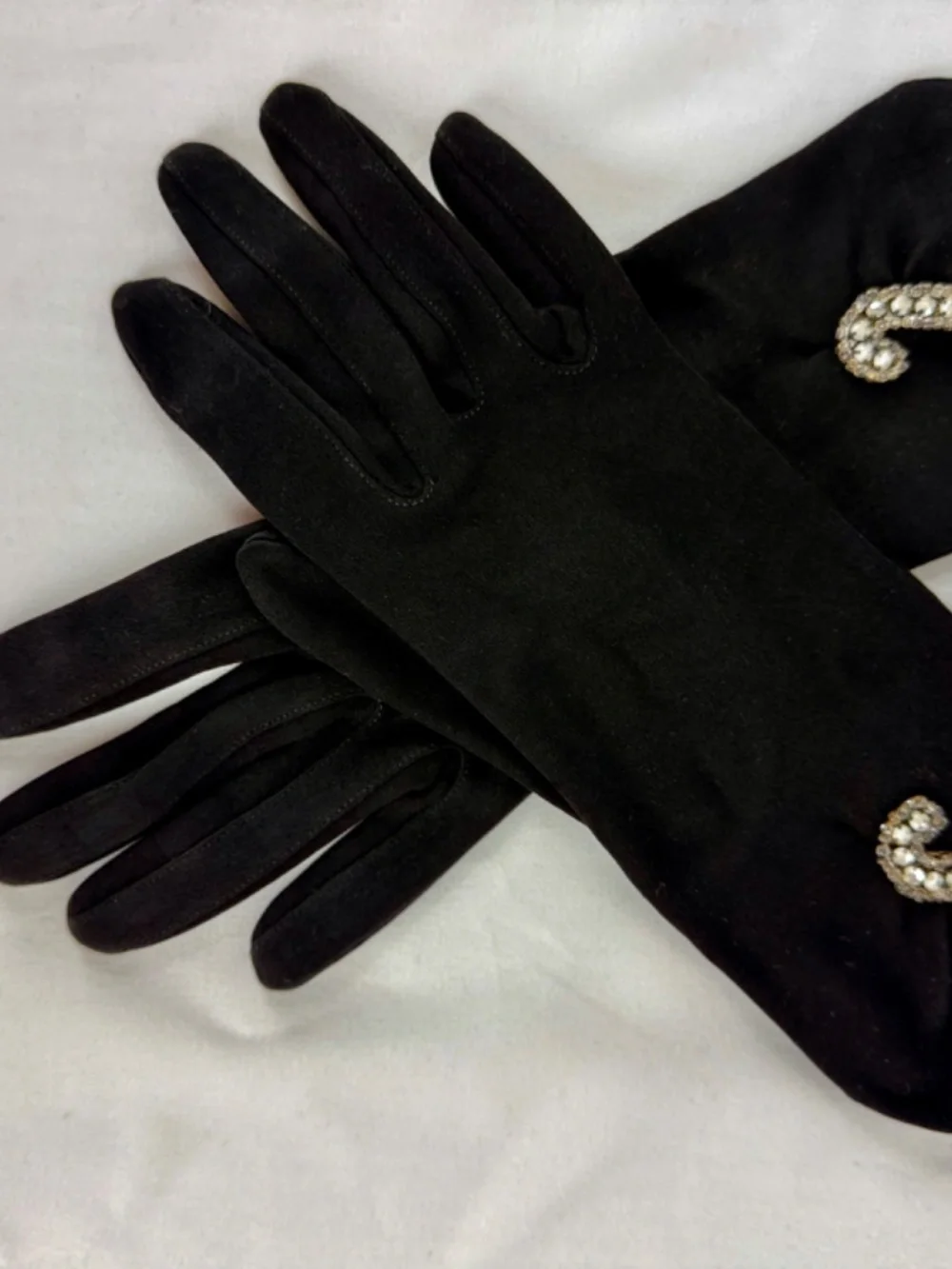 Vintage Dawnelle Black Gloves 6 Rhinestone Beaded J or Cane Cotton Double Weave